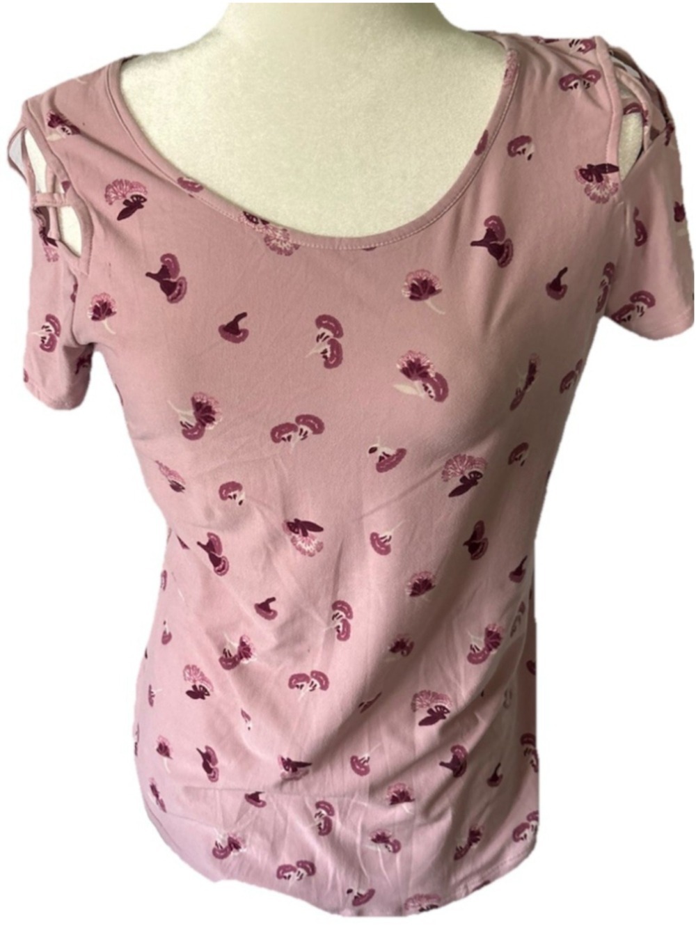 Pink Rose Floral Cold Shoulder Top Size S Lattice Sleeve Pink Mauve Small Boho